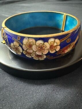 Vintage Cloisonné Enamel Bangle Blue Koi Fish Cherry Blossom